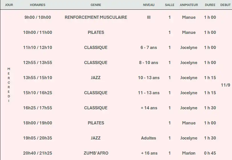 Planning Mercredi