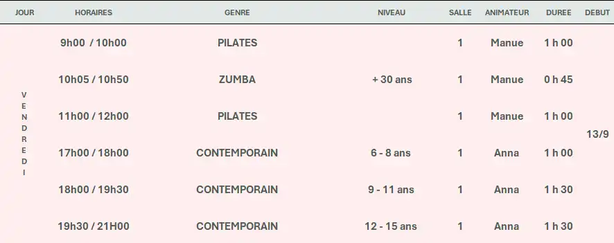 Planning Vendredi